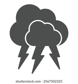 Cloud with thunder, lightning solid icon, insurance event concept. Vector graphics. Thunderstorm destructions sign on white background, glyph style icon for mobile or web design