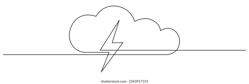 Cloud with thunderbolt continuous one line drawn. Lightning bolt linear symbol. Bad weather sign. Vector illustration isolated on white.