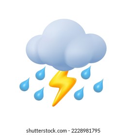 Cloud with thunderbolt and heavy rain. Isolated weather forecast icon, meteorology. Thunder and lightning. Vector stormy rainy weather with drops, 3d realistic style icon