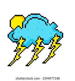 cloud, thunderbolt and sun illustration isolated on white background with pixel art style for game. eps 10