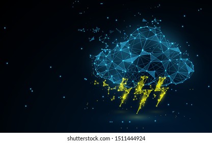 Cloud with thunders icon from lines, triangles and particle style design. Vector illustration