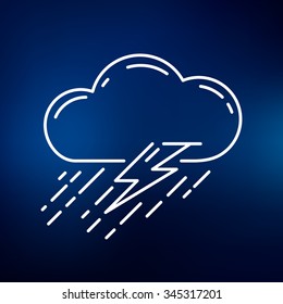 Cloud thunderstorm icon. Stormy weather sign. Rainstorm with thunderbolt symbol. Thin line icon on blue background. Vector illustration.