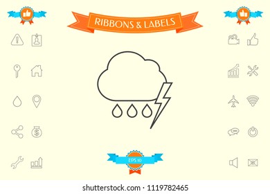Cloud thunderstorm lightning rain line icon