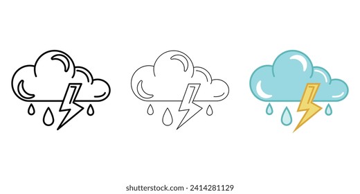 Cloud with thunderstorm and rain Weather Icon vector image on white background. Three icons thick, thin, colored outline. Can be used for mobile apps, web apps and print media
