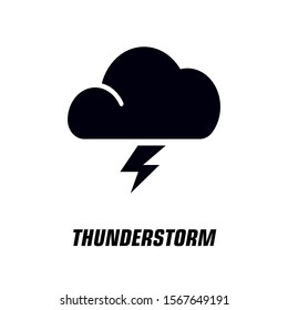 Cloud with thunderstorm text logotype. Bad weather icon. Isolated vector illustration. Forecast symbol. 