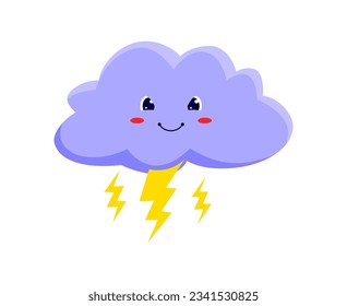 Cloud with thunderstorms, rainy weather forecast cartoon character. Vector meteorology symbol, lightning rainy weather symbol, sky and thunderstorm