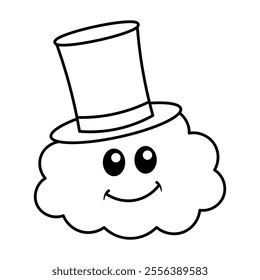 Cloud with a Top Hat Outline Vector Illustration. Smiling cloud character wearing a tall top hat. The cloud has a playful expression with large, friendly eyes and a cheerful smile.