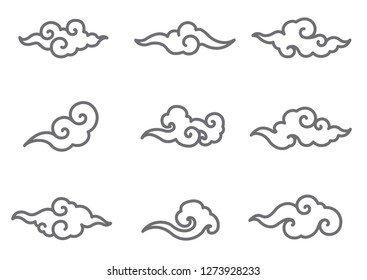 Cloud Traditional Vector Set. Thai,Japanese,Chinese Art. Single Line Vector.