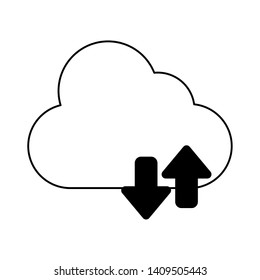 cloud with transfer arrow icon cartoon vector illustration graphic design black and white