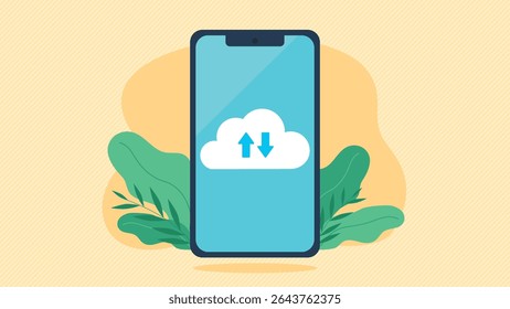Cloud with transferred data on mobile screen. Cloud has data sending and receiving arrows. Vector graphics in flat design style. Online connection and data storage in the cloud.