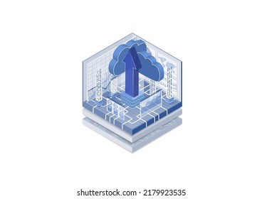 Cloud Transformation And Data Upload Concept. Isometric Vector Illustration Of Cloud And Upload Arrow. Web Banner In Blue And White. 