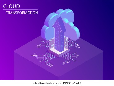 Cloud Transformation And Digitisation Concept. 3d Isometric Vector Illustration With Floating Arrow And Cloud Symbols