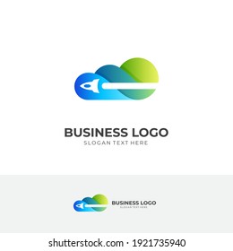 cloud travel logo, cloud and rocket, combination logo with 3d blue and green color style