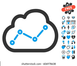 Cloud Trend pictograph with bonus dating symbols. Vector illustration style is flat iconic blue and gray symbols on white background.