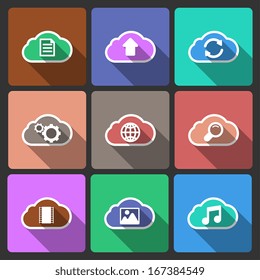 Cloud UI layout icons for web and mobile services, global search and online media squared with long shadows vector illustration