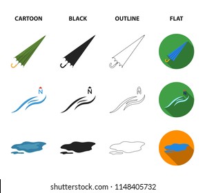 Cloud, umbrella, the north wind, a puddle on the ground. The weather set collection icons in cartoon,black,outline,flat style vector symbol stock illustration web.