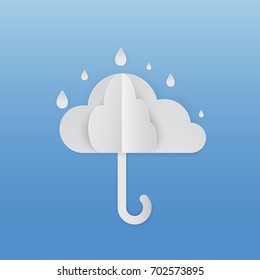 Cloud and umbrella with raining, protection or shelter and guard concept with origami paper art style