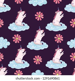 Cloud Unicorn, Flower and Cute Seamless Pattern, Cartoon Vector Illustration, Multicolor Abstract Background for Print and Textile