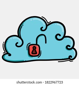 icono del vector de color de desbloqueo de nube. Línea dibujada a mano en la ilustración del esbozo de dibujo.