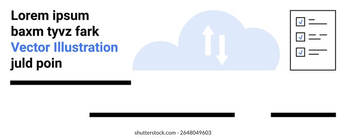Cloud with up-down arrows, a checklist on the right, and minimal text lines. Ideal for data management, cloud services, project planning, to-do lists, productivity tools, digital solutions