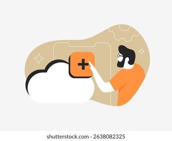 Cloud upload concept with man clicking button, abstract interface, gear icons and data symbol. Idea of file cloud storage, SaaS service and wireless data synchronization flat vector illustration