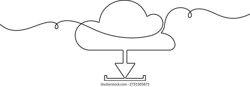 Carregamento em nuvem e ícone de seta de download contínuo um desenho de linha em fundo branco minimalista de transferência de dados compartilhamento de arquivos armazenamento on-line e tecnologia moderna símbolo esboço ilustração vetorial