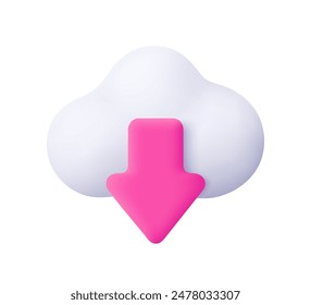 Wolke und hochladen, herunterladener Pfeil. Laden von Medien, Datenübertragung, Cloud-Speicher und Cloud-Computing. Symbol für 3D-Vektorgrafik. Cartoon Minimaler Stil.