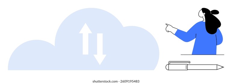 Cloud with upload and download arrows, person pointing, and pen. Ideal for technology, cloud computing, digital storage, online data transfer, and internet connectivity. Simple flat vector style