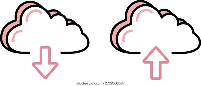 Conjunto de ilustrações de ícones de comunicação de upload e download na nuvem