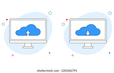 Cloud upload and download icon on computer screen. Vector illustration in line flat style