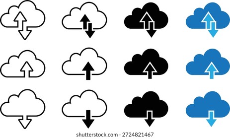 Cloud upload and download icon set with arrows in simple modern design, isolated on transparent background. Simple silhouette vector representing digital data transfer, file sharing and online backup.