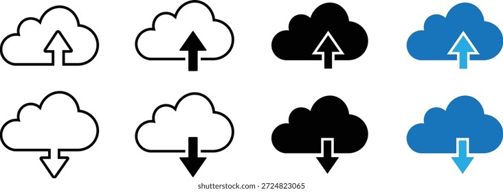 Cloud upload and download icon set with arrows in simple modern design, isolated on transparent background. Simple silhouette vector representing digital data transfer, file sharing and online backup.