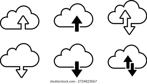 Cloud upload and download icon set with arrow in simple modern design, isolated on transparent background. Outline silhouette vector representing digital data transfer, file sharing and online backup.