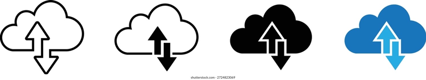 Cloud upload and download icon set with arrows in simple modern design, isolated on transparent background. Simple silhouette vector representing digital data transfer, file sharing and online backup.