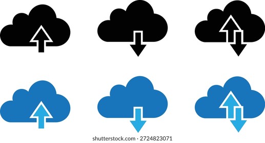 Cloud upload and download icon set with arrows in simple modern design, isolated on transparent background. Simple silhouette vector representing digital data transfer, file sharing and online backup.