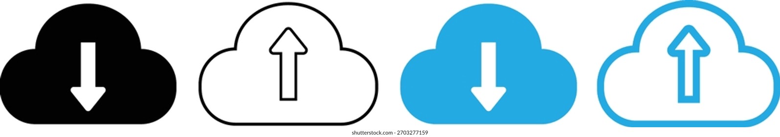 Ícones de Carregamento e Download de Nuvem.  Sinais de compartilhamento de arquivos e backup. Conjunto de Ícones de Armazenamento em Nuvem. Sinais de gerenciamento de arquivos
