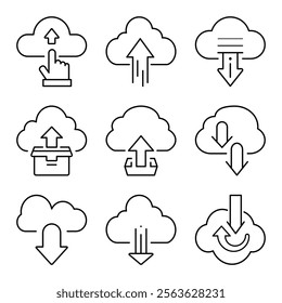 Cloud Upload and Download Icons - Line Art Set