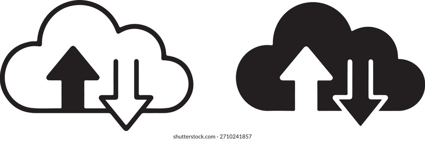 Cloud upload and download icons. Simple outline and solid black versions. Data transfer, storage, and network concepts. Vector illustration.