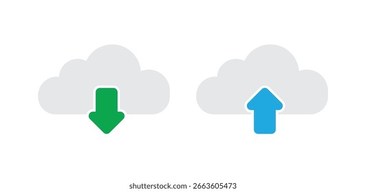 Cargar en la nube e íconos de Descarga, almacenamiento en la nube, transferencia de datos y símbolos de sincronización. Ilustración vectorial. 