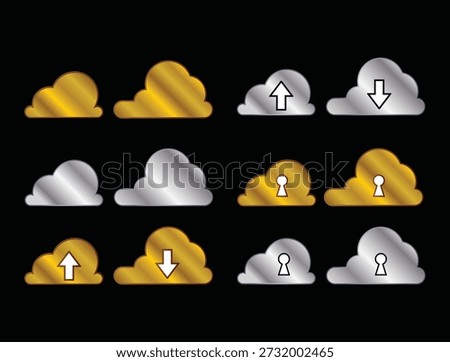 Cloud upload download and lock icons. Metallic gold and metallic silvericons set collection.
