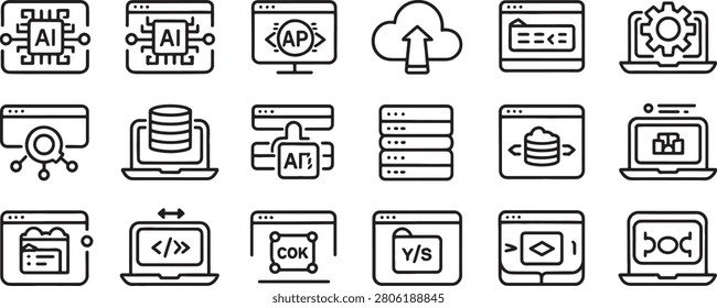 Cloud Upload Download, Server Database, and Code Window Icons in Bold Outline Line Art for Web Development Concept