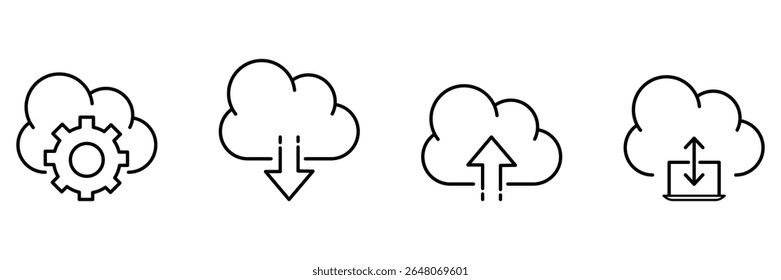 Cloud upload download definindo dados sync storage transfer computing symbol icon vetor illustration line art digital network communication.