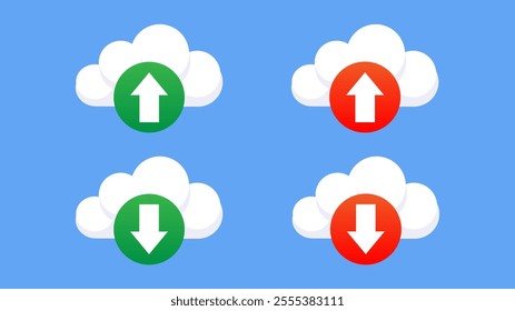 Cloud upload and download success and failure icon set.