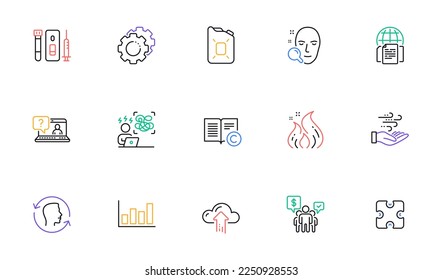 Carga en la nube, Faq y Preferencias visualizan los iconos de línea para el sitio web, impresión. Colección de derechos de autor, trabajo en equipo, íconos de identificación facial. Búsqueda facial, energía contra incendios, elementos web del diagrama de informes. Vector