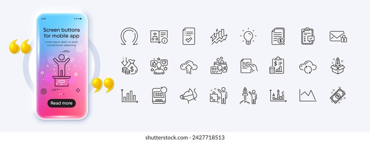 Cloud upload, Financial documents and Inspect line icons for web app. Phone mockup gradient screen. Pack of Consumption growth, Survey results, Cloud sync pictogram icons. Vector