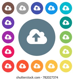 Cloud upload flat white icons on round color backgrounds. 17 background color variations are included.