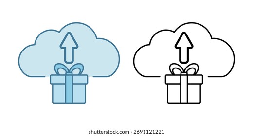 Ícone de caixa de presente de carregamento de nuvem mostrando uma nuvem carregando um presente empacotado. Ideal para armazenamento em nuvem festivo, compartilhamento de presentes digitais e temas de design de tecnologia de Natal.