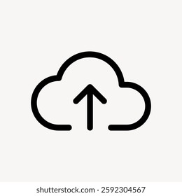 Cloud upload icon with an arrow pointing up. Simple cloud design, upload symbol. Black outline on a white background, representing cloud storage and upload. User interface icon vector.