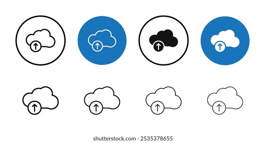 Cloud upload icon Black line art vector logo set