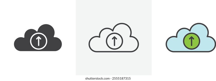 Cloud upload icon collection in black and colored style.